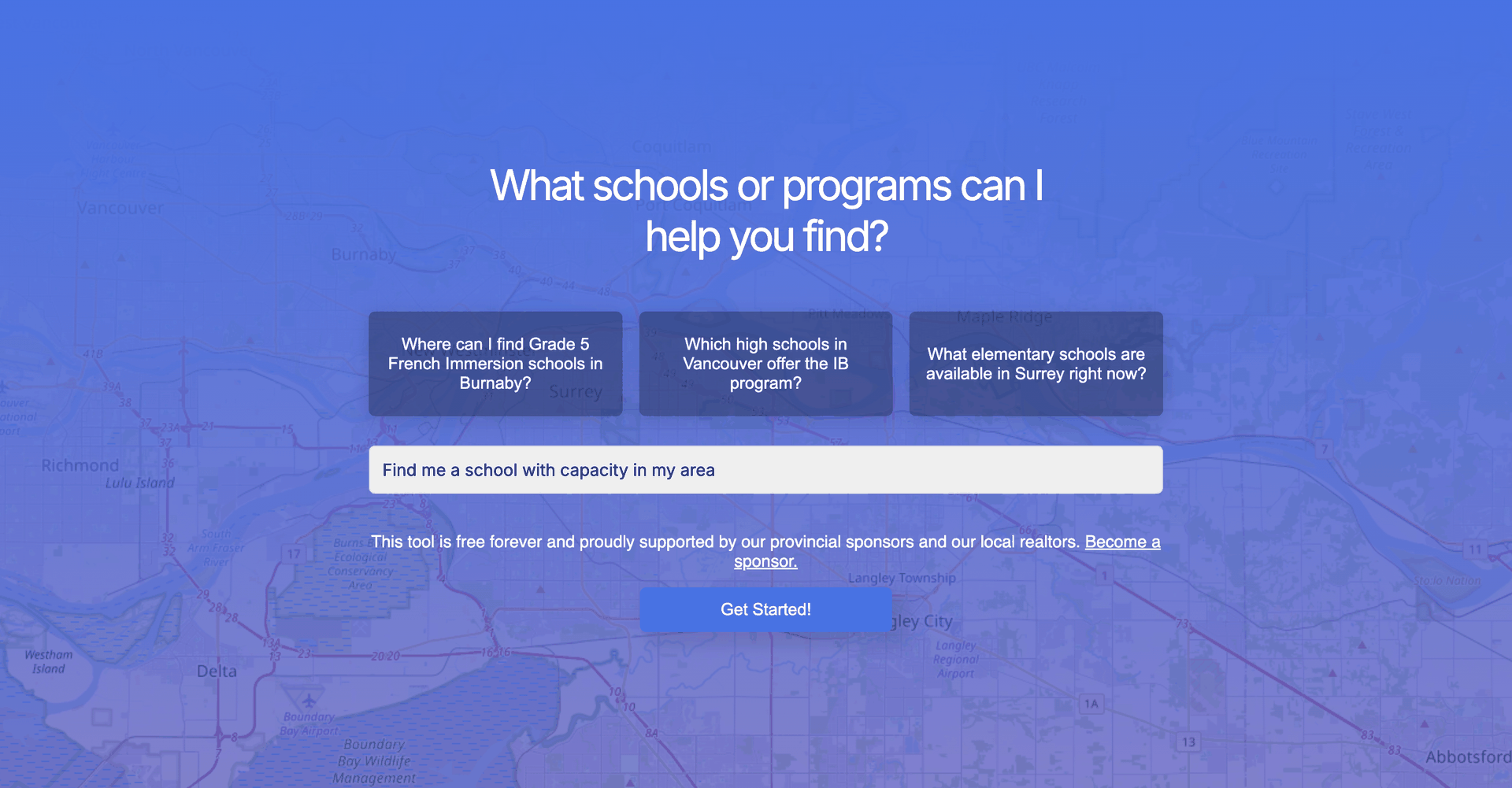 A screenshot of The Visual Thinking Company's School Guide with "Find me a school with capacity in my area" in the search box.